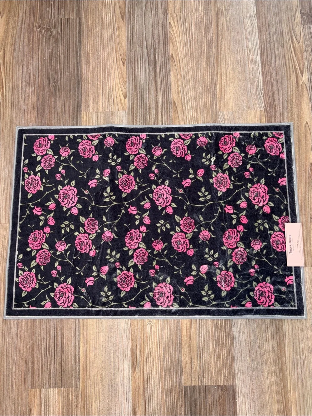 Juicy Couture Black Door Mat with Pink Rose Pattern
